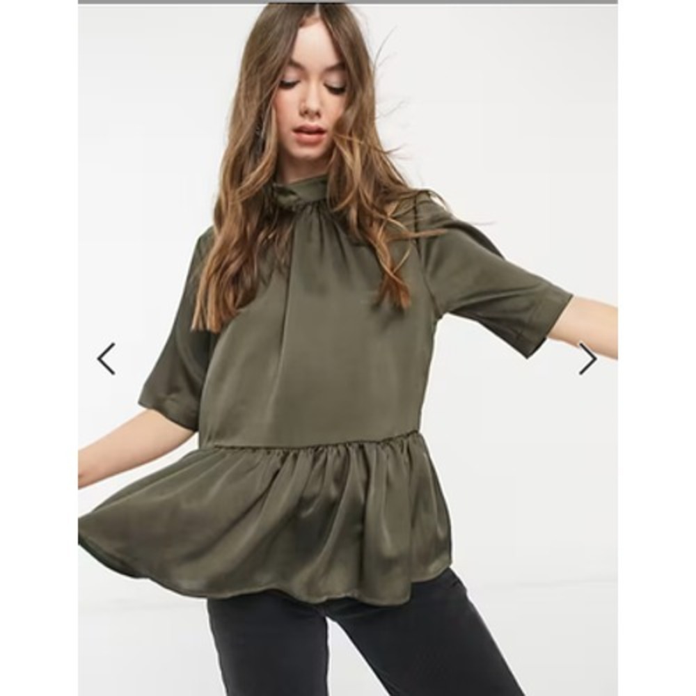 ASOS DESIGN Blouse Womens 6 Olive Green High‎ Neck Short Sleeve Peplum Tunic Top